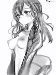  1girl blush breasts closed_mouth copyright_request greyscale hair_between_eyes highres jacket large_breasts long_hair looking_at_viewer monochrome naked_jacket nanashi_(nlo74593630) nipples open_clothes open_jacket simple_background solo upper_body white_background 