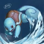  blue_background blue_theme brown_eyes claws commentary_request creature fangs full_body gen_1_pokemon highres jyunhh no_humans pokemon pokemon_(creature) signature simple_background solo squirtle water 