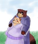  2017 anthro brown_body brown_fur canid canine clothing duo fur hand_holding hi_res humanoid_hands kemono male male/male mametanu_tanuki mammal outside overweight overweight_male raccoon_dog robe tanuki 