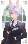  1boy animal_ears black_gloves book bunny_ears formal gloves heiwa_(murasiho) highres holding holding_book looking_at_viewer male_focus open_mouth original silver_eyes silver_hair solo suit window 