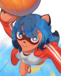  absurd_res anthro ball basketball_(ball) black_nose blue_body blue_eyes blue_fur blue_hair bodily_fluids brand_new_animal breasts brown_body brown_fur canid canine clothed clothing female fluffy fluffy_tail footwear fur hair hi_res jacket mammal michiru_kagemori pink_eyes raccoon_dog shoes short_hair solo studio_trigger sweat tanuki topwear 