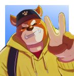  2020 absurd_res anthro blush brown_body brown_fur canid canine canis clothing domestic_dog eyes_closed fur hi_res hoodie humanoid_hands kemono kumamikan mammal portrait simple_background slightly_chubby solo topwear 
