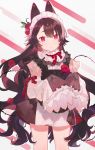  1girl animal_ears apron bangs black_apron black_hair braid flower frilled_apron frilled_shirt_collar frills hair_between_eyes heiwa_(murasiho) highres long_hair original plant red_eyes red_flower rose simple_background sleeves_past_fingers sleeves_past_wrists solo very_long_hair vines 