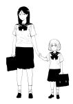  2girls full_body girls_und_panzer greyscale height_difference highres holding_hands katyusha_(girls_und_panzer) long_hair monochrome multiple_girls nonna_(girls_und_panzer) onsen_tamago_(hs_egg) school_briefcase school_uniform serafuku short_hair white_background 