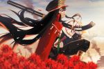  1girl black_hair black_headwear black_pants blurry cape chain cloud cloudy_sky commentary cowboy_shot day depth_of_field fate/grand_order fate_(series) flower from_side gloves gun hair_between_eyes hat highres katana long_hair looking_at_viewer military military_hat military_uniform oda_nobunaga_(fate) oda_nobunaga_(fate)_(all) open_mouth outdoors over_shoulder pants peaked_cap profile red_cape red_eyes rifle sitting sky smoke solo sword uniform weapon weapon_over_shoulder white_gloves wings ziu 