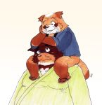  2011 anthro belly black_nose blush brown_body brown_fur canid canine carrying clothing duo footwear fur kemono male mametanu_tanuki mammal one_eye_closed overweight overweight_male raccoon_dog robe sandals simple_background tanuki wink 