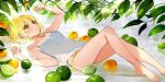  1girl blonde_hair bottle camisole food fruit green_eyes highres holding idolmaster idolmaster_cinderella_girls leaf lemon lime_(fruit) looking_up lying miyamoto_frederica on_back open_mouth panties perfume_bottle plant short_hair solo strap_slip underwear water yellow_panties yuu_(higashi_no_penguin) 