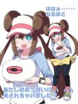  1girl black_legwear blue_eyes blush breasts brown_hair chin_stroking commentary_request double_bun large_breasts long_hair looking_at_viewer mei_(pokemon) naitou_kouse open_mouth pantyhose pokemon pokemon_(game) pokemon_bw2 pokemon_masters raglan_sleeves simple_background smile solo twintails visor_cap white_background 