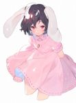  1girl akagashi_hagane animal_ears arms_behind_back black_hair bunny_ears carrot_necklace closed_mouth cropped_legs dress inaba_tewi light_smile looking_at_viewer pink_dress red_eyes ribbon-trimmed_dress ribbon-trimmed_sleeves ribbon_trim short_hair short_sleeves simple_background solo touhou white_background 