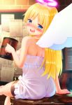  1other @_@ absurdres alcohol angel angel_wings arm_support ass bangs bare_arms black_shorts blonde_hair blue_eyes blush breasts broken_halo cedar_(artist) commentary_request crimvael cup dress drink drooling drunk eyebrows_visible_through_hair from_behind halo highres holding holding_cup ishuzoku_reviewers long_hair looking_at_viewer looking_back nose_blush off-shoulder_dress off_shoulder open_mouth saliva see-through shorts sitting sitting_on_table skindentation smile teeth white_dress wings 