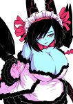 1girl absurdres bare_shoulders black_hair black_wings blue_skin breasts cleavage dress highres huge_breasts juugoya_(zyugoya) kaiten_muten-maru limited_palette monster_girl queen_morte red_eyes short_hair simple_background solo tongue tongue_out white_background wings 