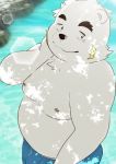  2018 anthro black_nose bottomwear clothing fur kemono male mammal overweight overweight_male polar_bear samodora1030 shorts solo ursid ursine water white_body white_fur 