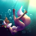  anthro b-epon blue_eyes breasts bubble butt canid canine clothing diving ear_piercing ear_ring feathers female fox hi_res mammal navel nipples nude piercing sea smile solo solo_focus underwater water wet 