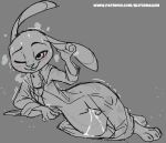  2020 4_toes anthro bedroom_eyes blitzdrachin blush bodily_fluids bottomless clitoris clothed clothing conditional_dnp cum cum_inside cum_leaking digital_media_(artwork) disney eyebrows eyelashes female fingers genital_fluids genitals grey_background half-closed_eyes judy_hopps lagomorph leporid mammal narrowed_eyes one_eye_closed patreon pussy rabbit seductive simple_background sketch smile solo thin_waist toes unfinished wide_hips wink zootopia 