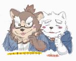  2017 anthro black_nose brown_body brown_fur canid canine canis clothing domestic_dog duo eyewear fur glasses hoodie humanoid_hands japanese_text kemono mammal samodora1030 shirt simple_background text tongue tongue_out topwear white_background white_body white_fur 