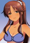  1girl bangs bare_shoulders blue_background blue_bra blush bra breasts brown_hair character_request cleavage closed_mouth collarbone commentary_request eyebrows_visible_through_hair gradient gradient_background green_eyes hair_ornament hair_scrunchie hairclip highres idolmaster idolmaster_cinderella_girls long_hair looking_at_viewer medium_breasts parted_bangs ponytail sakaki_imasato scrunchie sidelocks simple_background smile solo underwear underwear_only upper_body 
