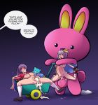  abdominal_bulge anthro belly_riding big_penis bodily_fluids bound cum cum_inside english_text female genital_fluids genitals group hi_res intersex intersex/female kagami_hiiragi lagomorph leporid lucky_star male mammal penis profanity rabbit sparrow_(artist) tagme teddy_bear text tsukasa_hiiragi wagon 