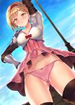  1girl :o arm_guards arm_up bangs blonde_hair blue_sky blush boots breasts brown_eyes brown_footwear cameltoe cleavage collarbone cowboy_shot djeeta_(granblue_fantasy) eyebrows_visible_through_hair from_below granblue_fantasy hair_intakes hairband hand_on_hip highres kagutsuchi_(l&#039;archange) looking_at_viewer looking_down miniskirt navel open_mouth outdoors panties pink_panties pink_skirt red_hairband red_ribbon ribbon shirt short_hair shoulder_armor skirt sky solo standing thigh_boots thighhighs thighs underwear white_shirt wind wind_lift 