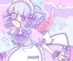  apron blue_hair bow chachaco cropped dress eyepatch headdress lolita_fashion original polychromatic purple_eyes short_hair wings wristwear 