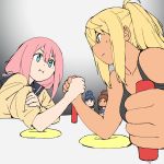  4girls :i arm_wrestling blonde_hair blue_eyes blue_hair brown_hair chibi crossover dark_skin dumbbell_nan_kilo_moteru? gradient gradient_background hair_bun highres jitome kagamihara_nadeshiko multiple_girls onsen_tamago_(hs_egg) pink_hair ponytail sakura_hibiki school_uniform shima_rin sleeves_rolled_up tank_top uehara_ayaka yurucamp 