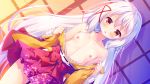  1girl :o bare_shoulders dutch_angle flat_chest game_cg hair_ribbon highres long_hair long_sleeves looking_at_viewer nipples off_shoulder official_art red_eyes ribbon shougun-sama_wa_otoshigoro shouna_mitsuishi solo tokugawa_mitsukuni white_hair 