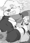  2018 anthro belly bodily_fluids canid canine canis clothing crying cu_sith_(tas) domestic_dog eyes_closed hi_res hoodie humanoid_hands kemono male mammal monochrome overweight overweight_male samodora1030 scarf solo tears tokyo_afterschool_summoners topwear video_games 