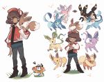  1other ^_^ baseball_cap boots brown_eyes charamells closed_eyes commentary creature crossover dark_skin eevee english_commentary espeon flareon flowey_(undertale) frisk_(undertale) gen_1_pokemon gen_2_pokemon gen_4_pokemon gen_6_pokemon glaceon grass hat heart jolteon leafeon looking_at_viewer multiple_others on_head pants pokemon pokemon_(creature) pokemon_on_head pose red_eyes simple_background standing sylveon umbreon vaporeon white_background 