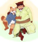  2012 anthro asian_clothing belly blush brown_body brown_fur canid canine clothing duo east_asian_clothing eyes_closed fundoshi fur humanoid_hands japanese_clothing kemono male mametanu_tanuki mammal overweight overweight_male raccoon_dog robe sitting tanuki underwear white_body white_fur 