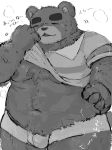  2020 absurd_res animal_crossing anthro belly blush bottomwear bulge buta5kawa clothing eyes_closed hi_res humanoid_hands japanese_text kemono male mammal monochrome moobs navel nintendo nipples overweight overweight_male shorts simple_background solo teddy_(animal_crossing) text ursid video_games white_background 