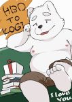  2018 anthro belly black_nose book bottomwear bulge canid canine canis clothing domestic_dog fur kemono male mammal moobs nipples samodora1030 shorts sitting slightly_chubby solo text white_body white_fur young 