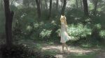  1girl animal_ears bare_legs blonde_hair bush cat_ears cat_tail closed_mouth dress expressionless forest from_behind full_body grass long_hair looking_at_viewer looking_back nature orange_eyes original scenery shoes sleeveless sleeveless_dress solo tail tree walking wasabi60 white_dress white_footwear 