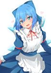 1girl alternate_costume apron blue_dress blue_eyes blue_hair blush bow breasts bright_pupils cirno cleavage commentary dress enmaided eyebrows_visible_through_hair fang frilled_apron frilled_shirt_collar frills hair_between_eyes hair_bow head_tilt heart highres juliet_sleeves leaning_forward lifted_by_self long_sleeves looking_at_viewer maid maid_apron mizune_(winter) neck_ribbon open_mouth puffy_sleeves red_neckwear red_ribbon ribbon sash short_hair simple_background skin_fang skirt skirt_lift small_breasts solo touhou white_background white_pupils wings 