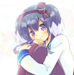  1girl bangs black_hair black_hairband black_legwear blue_sailor_collar closed_mouth commentary_request eyebrows_visible_through_hair hair_between_eyes hairband kantai_collection knees_up kouu_hiyoyo leg_hug long_sleeves looking_at_viewer multicolored_hair pantyhose purple_eyes sailor_collar sailor_shirt shirt sitting smile solo thick_eyebrows tokitsukaze_(kantai_collection) twintails two-tone_hair white_hair white_shirt 