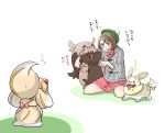  1girl alcremie alcremie_(caramel_swirl) alcremie_(strawberry_sweet) brown_eyes brown_hair can_(pixiv33249519) commentary_request creature dog eye_contact food fruit gen_8_pokemon greedent green_headwear highres looking_at_another pokemon pokemon_(creature) pokemon_(game) pokemon_swsh short_hair simple_background sitting standing strawberry sweat tail_wagging tongue tongue_out white_background yamper yuuri_(pokemon) 