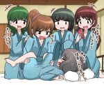  5girls bangs blush bowl_cut brown_hair cellphone indoors inn japanese_clothes kimono leg_grab long_hair lying mejikara_scene multiple_girls on_back open_mouth original phone robe short_hair smartphone spread_legs tatami translation_request yuri 