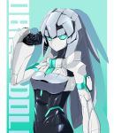  1girl absurdres akira1408 clenched_hand green_eyes grey_hair gundam gundam_build_divers gundam_build_divers_re:rise highres joints looking_to_the_side may_(gundam_build_divers_re:rise) mecha mecha_musume no_humans pointing pointing_at_self robot_joints solo 