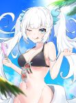  :p breasts cleavage cloud food glasses groin hair_ornament highres kagura_mea kagura_mea_channel long_hair navel one_eye_closed popsicle silver_hair sky swimsuit tongue tongue_out twintails virtual_youtuber 