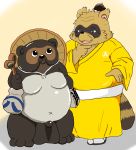  2016 anthro balls belly big_balls brown_body brown_fur canid canine clothing duo footwear fur genitals green_eyes hat headgear headwear hi_res humanoid_hands kemono male mametanu_tanuki mammal moobs overweight overweight_male penis raccoon_dog robe sandals sengoku_puzzle simple_background tanuki tokugawa_ieyasu video_games 