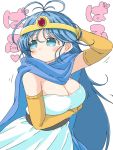  1girl blue_eyes blue_hair blush breasts cape capelet circlet cleavage cloak closed_mouth commentary_request dragon_quest dragon_quest_iii dress elbow_gloves gloves large_breasts long_hair naitou_kouse sage_(dq3) simple_background solo white_background yellow_gloves 