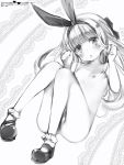  1girl blush bow breasts check_character convenient_leg eyebrows_visible_through_hair greyscale hair_bow hairband hands_up highres long_hair looking_at_viewer monochrome mononobe_alice nanashi_(nlo74593630) nijisanji nipples nude parted_lips pigeon-toed shoes small_breasts socks solo 