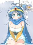  1girl blue_eyes blue_hair blush breasts cape capelet circlet cloak closed_mouth commentary_request dragon_quest dragon_quest_iii dress elbow_gloves ghost gloves large_breasts long_hair looking_at_viewer naitou_kouse panties sage_(dq3) slime_(dragon_quest) underwear yellow_gloves 