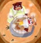  2012 anthro bathing belly blush brown_body brown_fur canid canine duo fur humanoid_hands kemono male mametanu_tanuki mammal overweight overweight_male raccoon_dog sitting tanuki towel water 