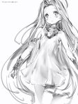  1girl ahoge arms_at_sides bangs blush bracer dress granblue_fantasy greyscale highres long_hair looking_at_viewer lyria_(granblue_fantasy) monochrome nanashi_(nlo74593630) parted_bangs parted_lips short_dress simple_background solo standing very_long_hair white_background 