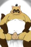  2017 anthro balls belly blush brown_body brown_fur bulge canid canine clothing erection erection_under_clothing fur genitals green_eyes hi_res humanoid_hands kemono male mametanu_tanuki mammal moobs nipples obese overweight overweight_male raccoon_dog sengoku_puzzle sitting solo tanuki tokugawa_ieyasu underwear video_games 