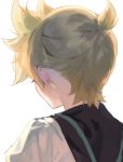  1boy backlighting black_collar blonde_hair collar from_behind kagamine_len male_focus naoko_(naonocoto) portrait sailor_collar school_uniform shirt short_ponytail spiked_hair vocaloid white_background white_shirt 