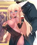  1boy 1girl alcohol bangs bare_shoulders black_choker black_dress black_gloves black_panties blonde_hair blue_eyes breasts choker crossed_bangs cup dark_elf dark_skin dress drinking_glass elbow_gloves elf evangeline_(lewdweather) eyebrows_visible_through_hair fang formal gloves gown hair_between_eyes head_out_of_frame highres holding holding_cup impossible_clothes large_breasts long_hair looking_at_viewer original panties pointy_ears rayno revealing_clothes side_slit skindentation solo_focus sparkle strapless strapless_dress suit underwear very_long_hair wine wine_glass 