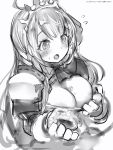  1girl ahoge breasts cleavage crown flying_sweatdrops food food_on_breasts food_on_face gloves greyscale highres large_breasts long_hair monochrome nanashi_(nlo74593630) nipples onigiri open_mouth pecorine princess_connect! princess_connect!_re:dive shoulder_armor simple_background solo spaulders upper_body white_background 