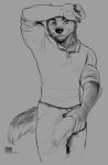  2020 5_fingers anthro biped bottomwear bulge canid canine canis claws clothed clothing digital_media_(artwork) domestic_dog erection erection_under_clothing eyebrows fingers front_view fully_clothed grey_background greyscale hi_res looking_at_viewer male mammal monochrome omari pants shirt simple_background smile solo standing topwear 