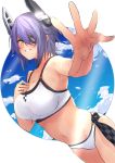 1girl absurdres bangs bikini blush breasts checkered cloud eyepatch grin hand_on_own_chest highres kantai_collection large_breasts make_maketan purple_hair sky smile solo swimsuit tenryuu_(kantai_collection) white_bikini yellow_eyes 