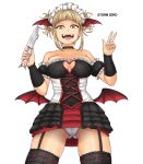 1girl alternate_costume artist_name ass_visible_through_thighs bangs bat_wings blonde_hair blunt_bangs boku_no_hero_academia dress frilled_dress frills knife looking_at_viewer open_mouth panties short_dress short_twintails smile solo storm_zero thighhighs toga_himiko twintails underwear vampire_costume white_panties wings yellow_eyes 